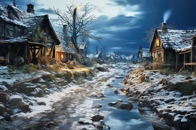 Snowy Medieval Village Street at Twilight