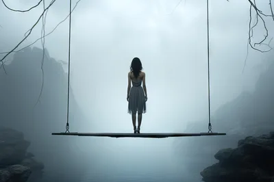 Woman Standing Alone On A Suspended Platform In Fog