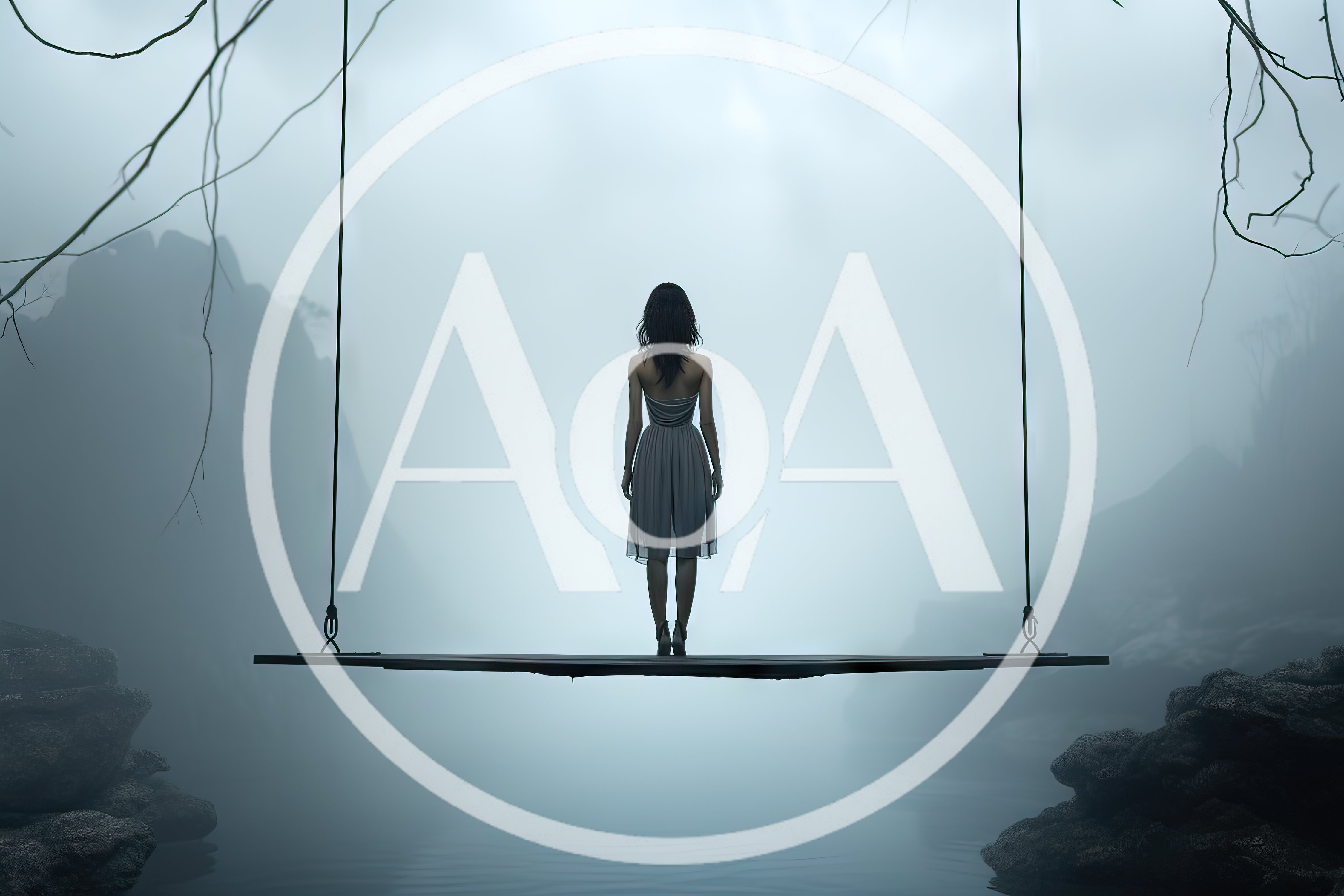 Woman Standing Alone On A Suspended Platform In Fog