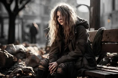 Sad Young Woman Sitting Alone On A Park Bench