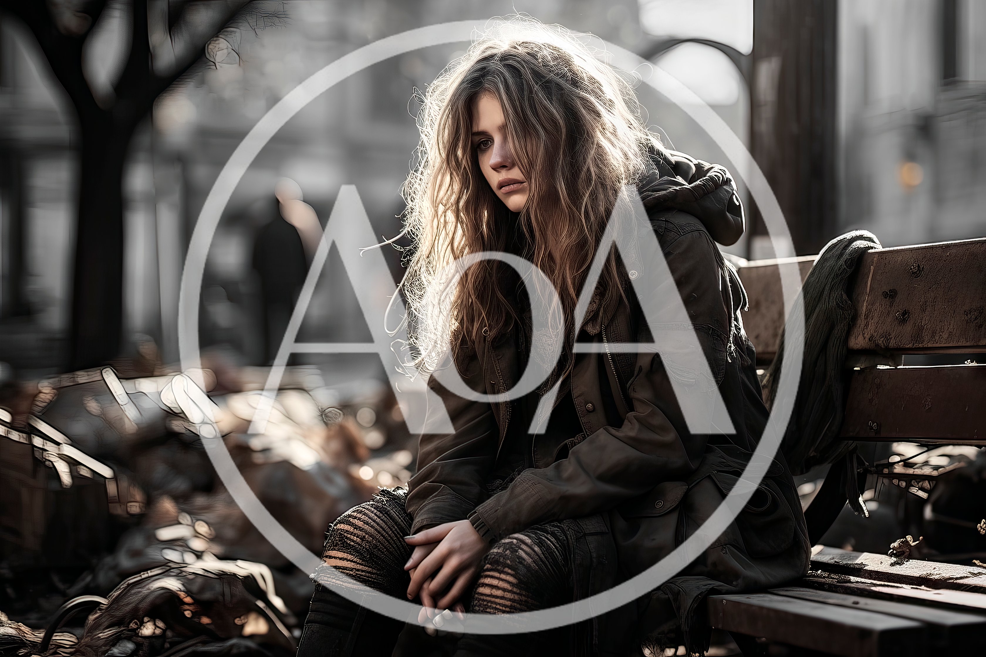 Sad Young Woman Sitting Alone On A Park Bench