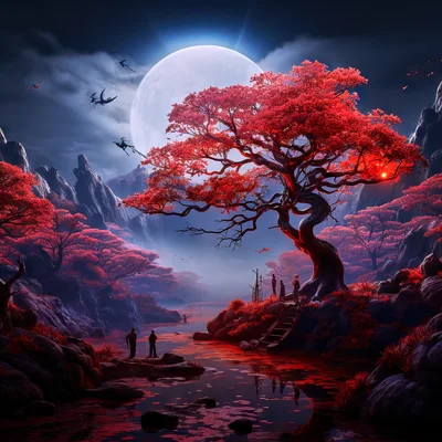 Fantasy Landscape With Red Trees And Glowing Moon
