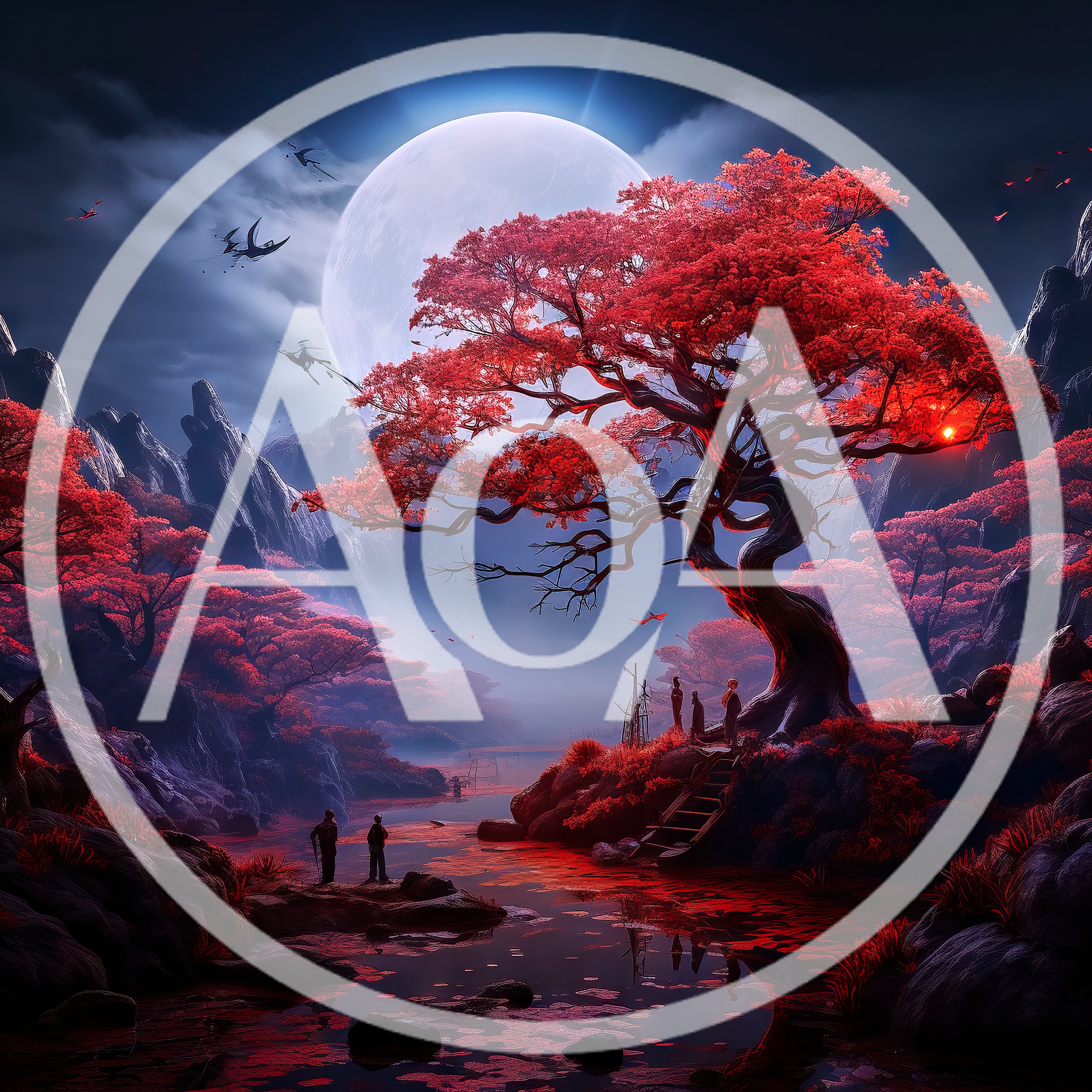 Fantasy Landscape With Red Trees And Glowing Moon