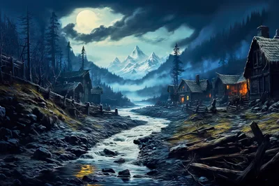 Mystical Mountain Village At Night Under Full Moon