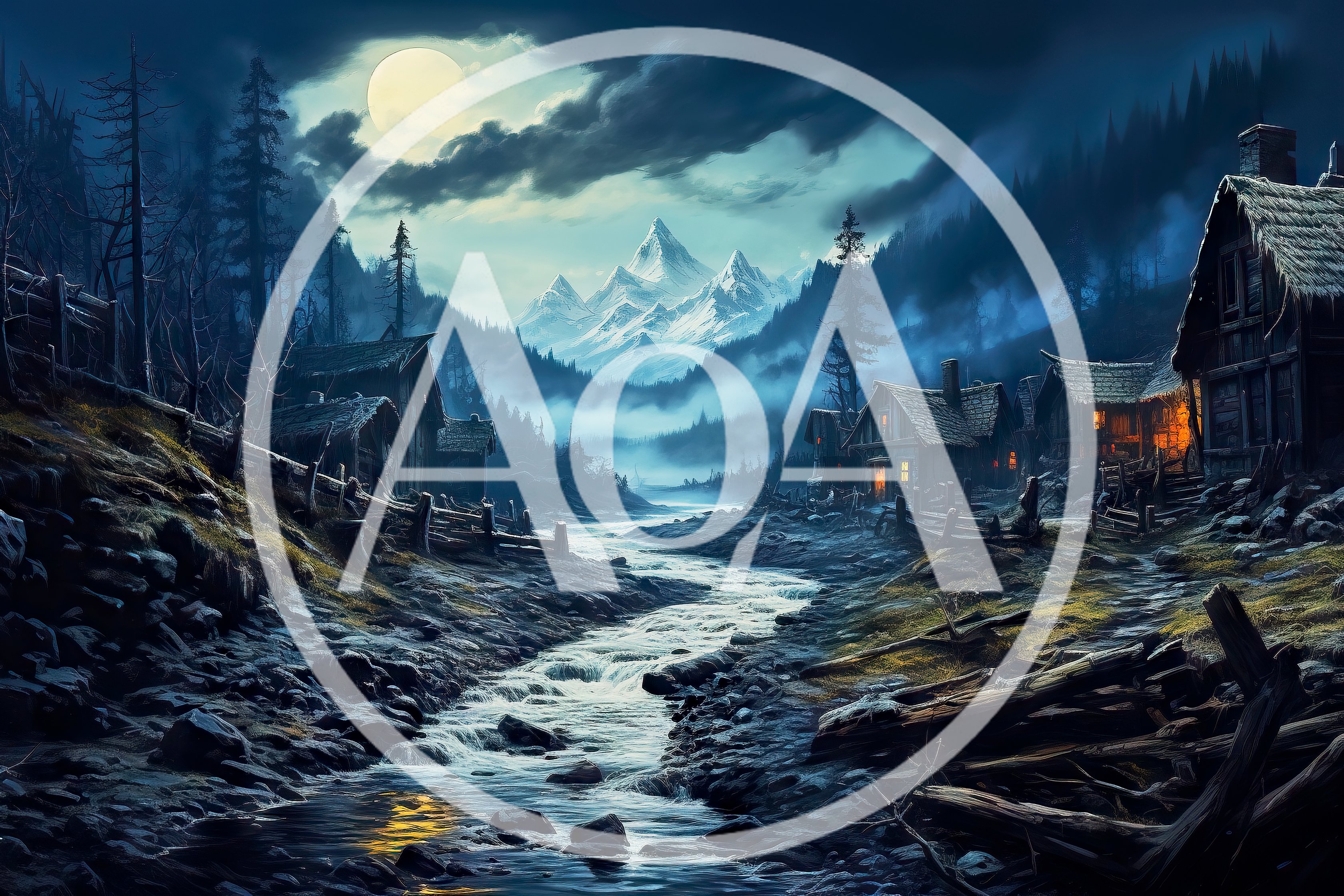 Mystical Mountain Village At Night Under Full Moon
