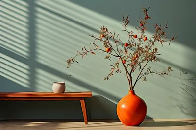 Minimalist Interior With Orange Vase And Wooden Bench
