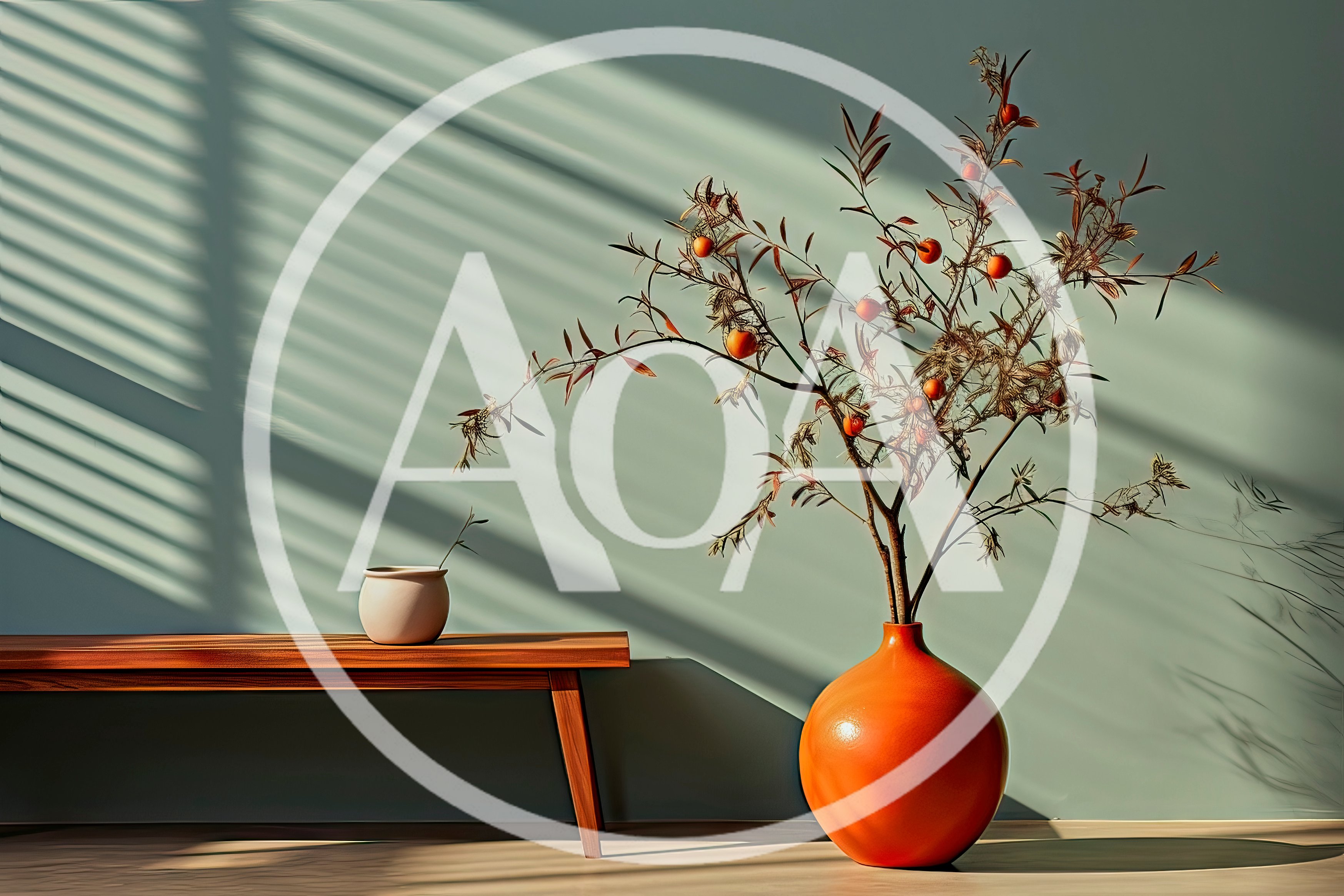 Minimalist Interior With Orange Vase And Wooden Bench