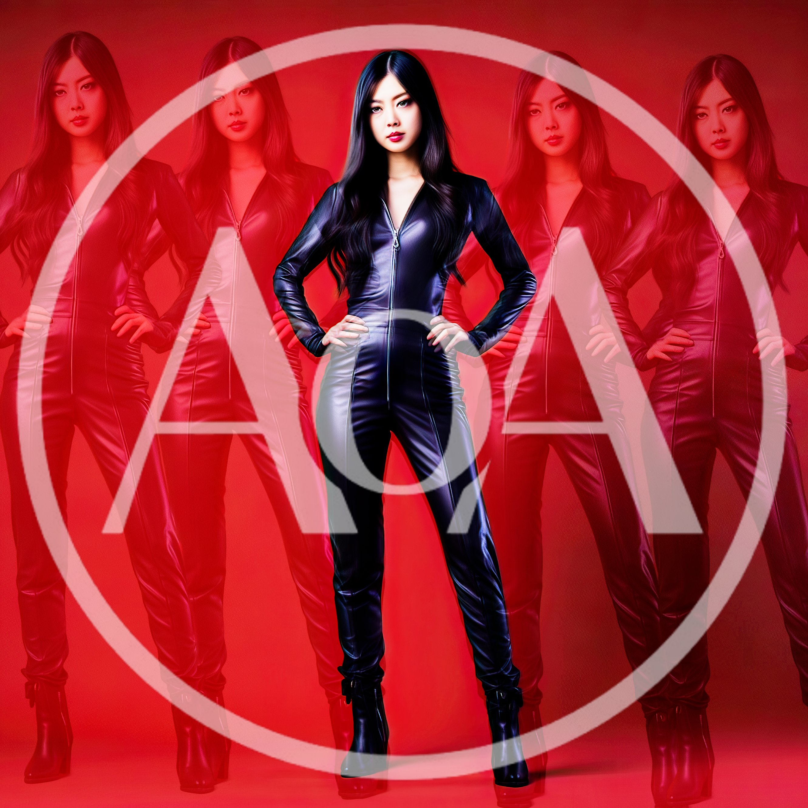 Fashion Model In Black Leather Jumpsuit With Multiple Exposures