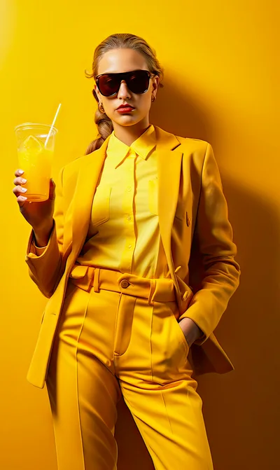 Stylish Woman In Yellow Suit Holding Orange Drink
