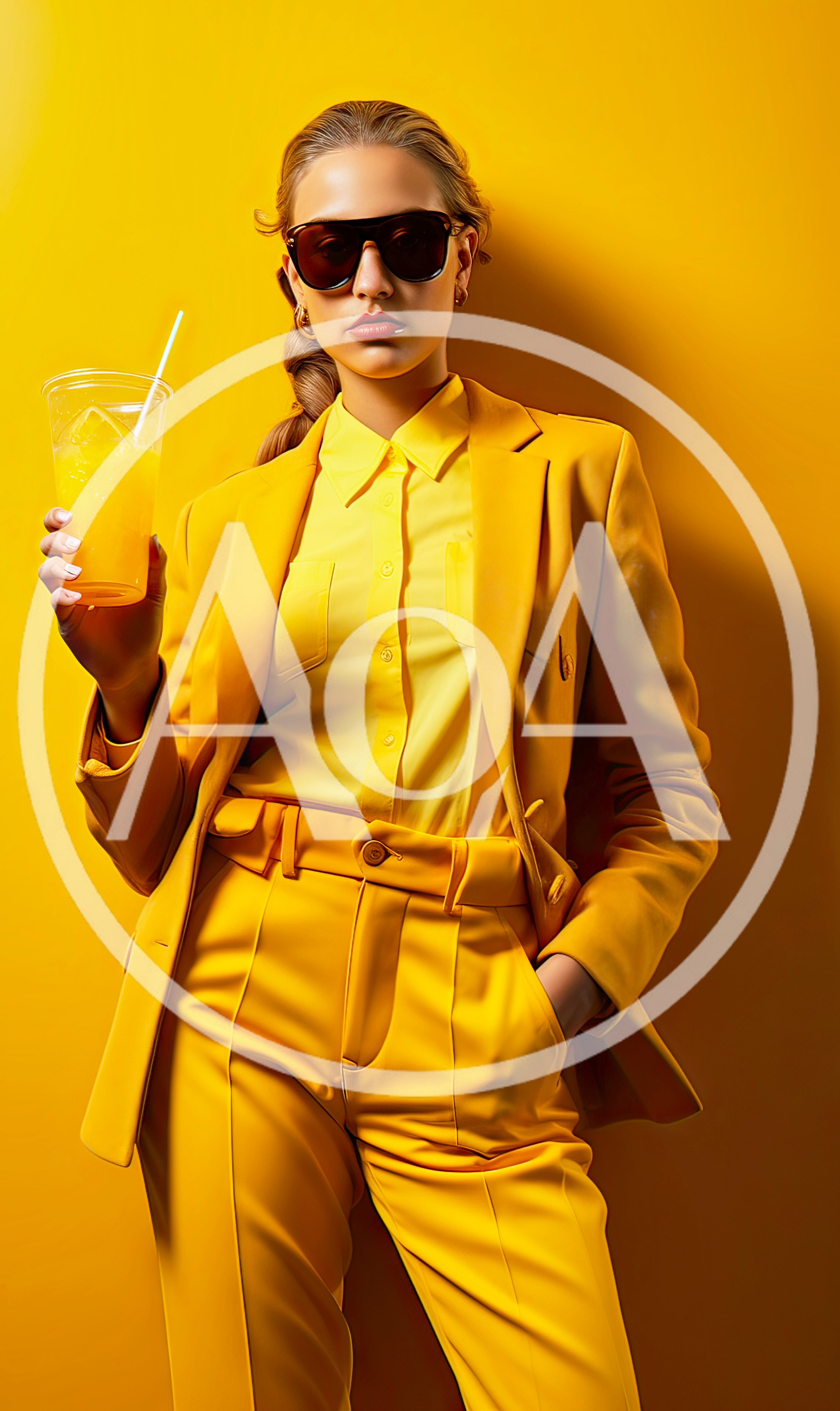 Stylish Woman In Yellow Suit Holding Orange Drink