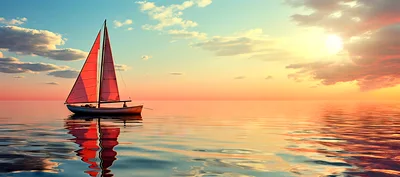 Sailboat Floating On Calm Ocean At Sunset