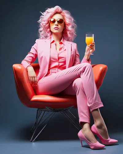 Stylish Woman With Pink Hair Sitting In Orange Chair