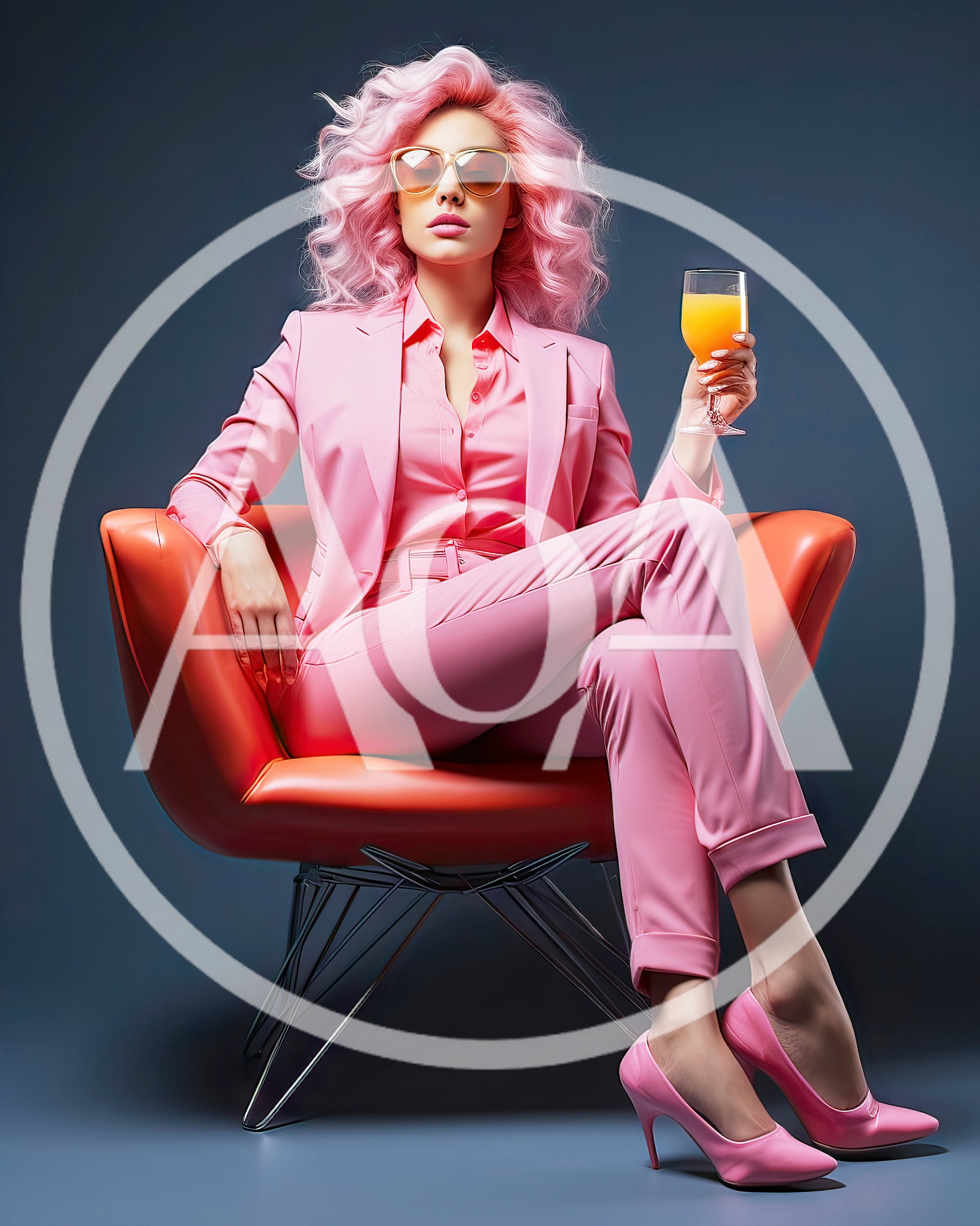 Stylish Woman With Pink Hair Sitting In Orange Chair