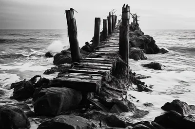 Dilapidated Wooden Pier Extending Into The Ocean