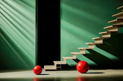 Minimalist Interior With Floating Staircase And Red Spheres