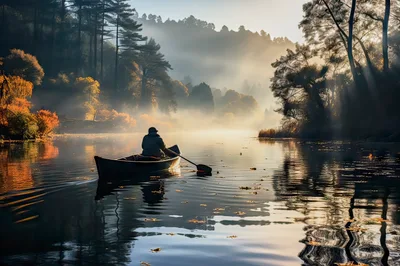 Person Paddling A Canoe On A Misty Autumn River