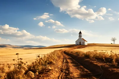 Small White Church In Golden Wheat Field