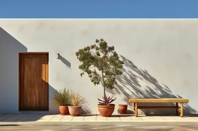 Minimalist Exterior Wall With Wooden Door And Potted Plants