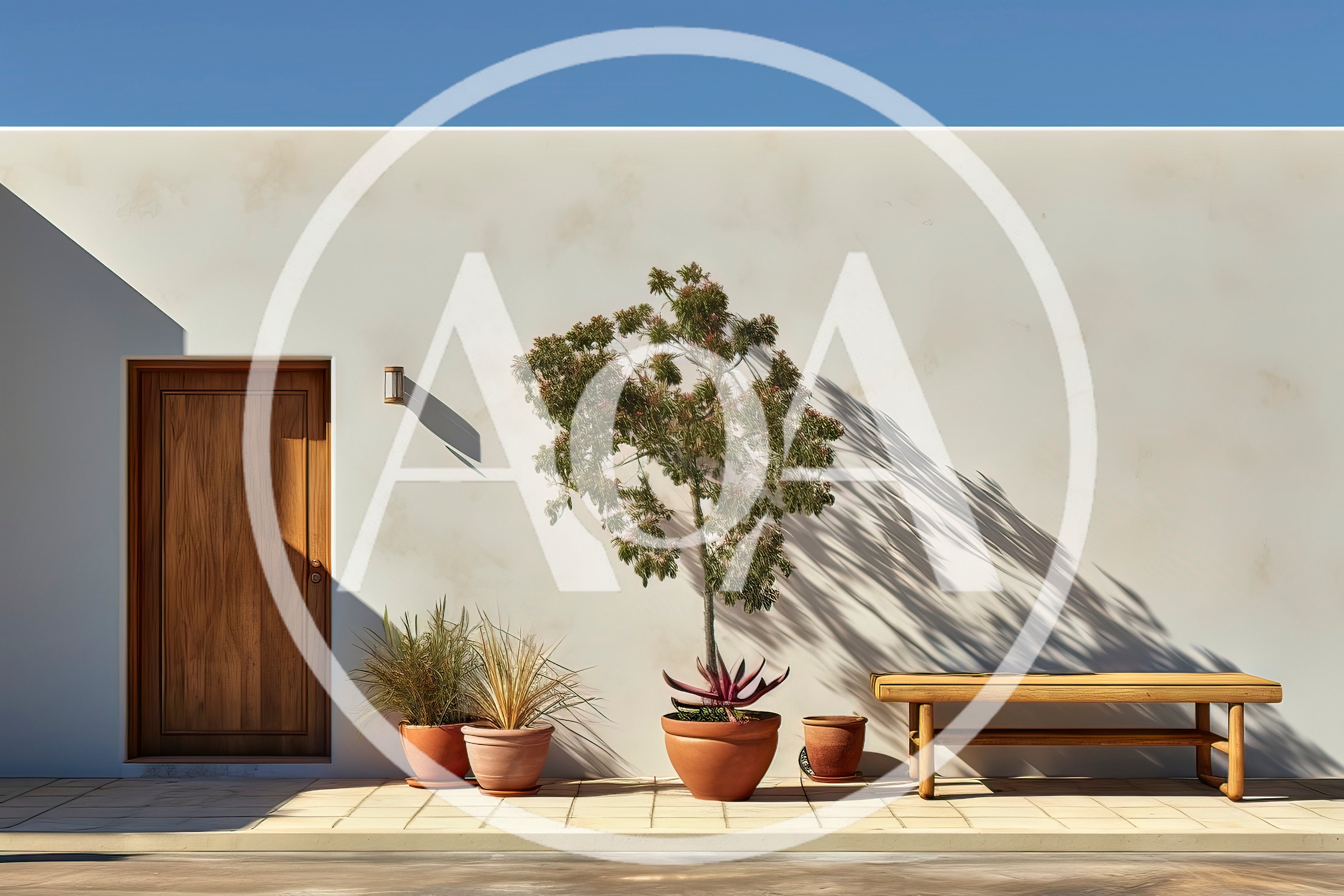 Minimalist Exterior Wall With Wooden Door And Potted Plants