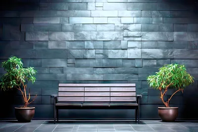 Modern Wooden Bench Against A Dark Stone Wall