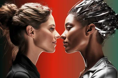 Human Woman And Cyborg Facing Each Other