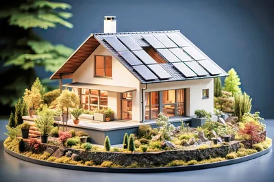 Miniature Model House With Solar Panels And Landscaping