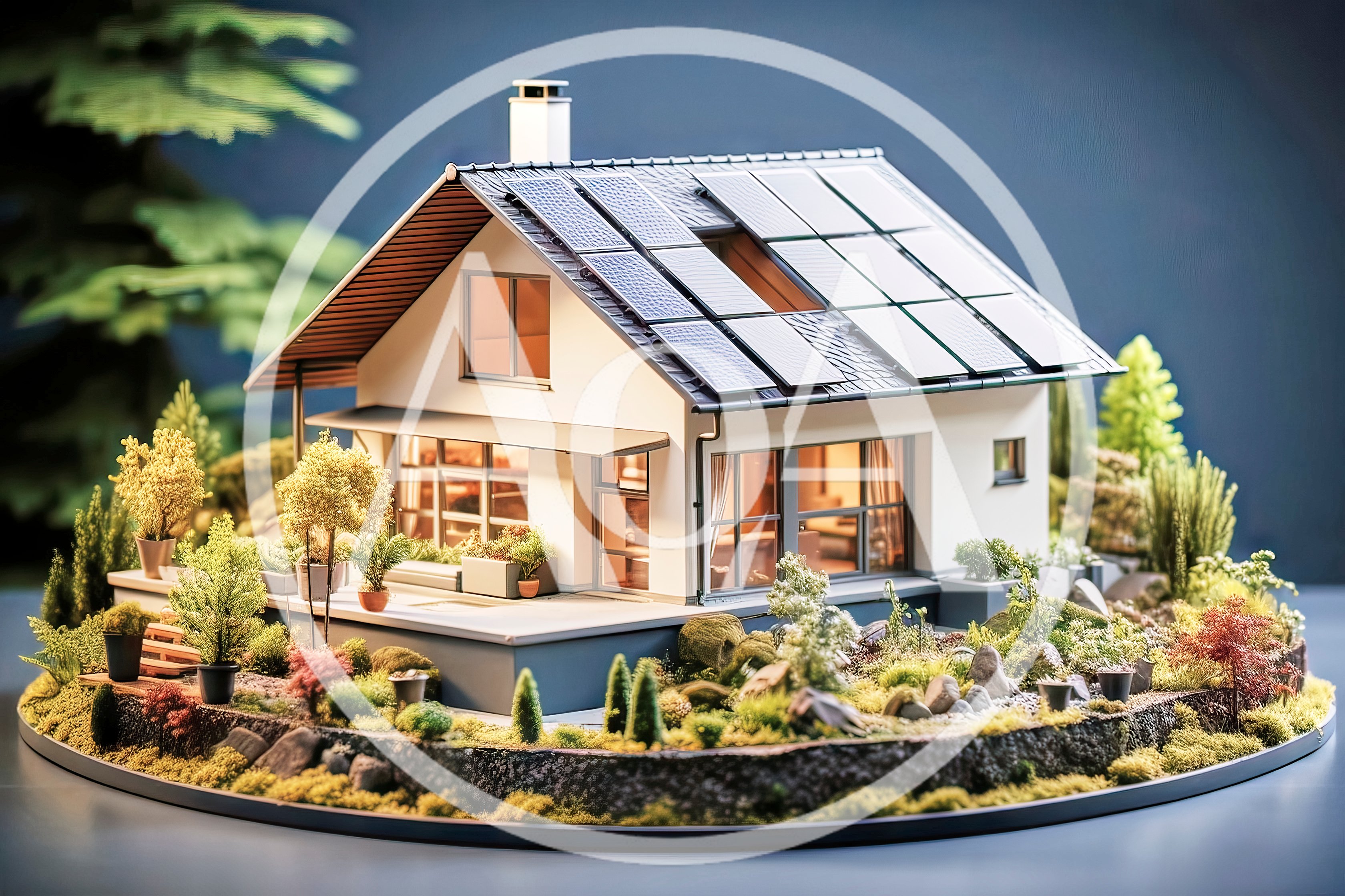 Miniature Model House With Solar Panels And Landscaping