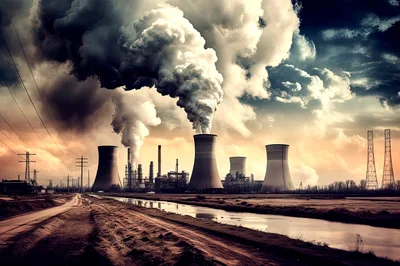 Industrial Power Plant With Cooling Towers And Smoke