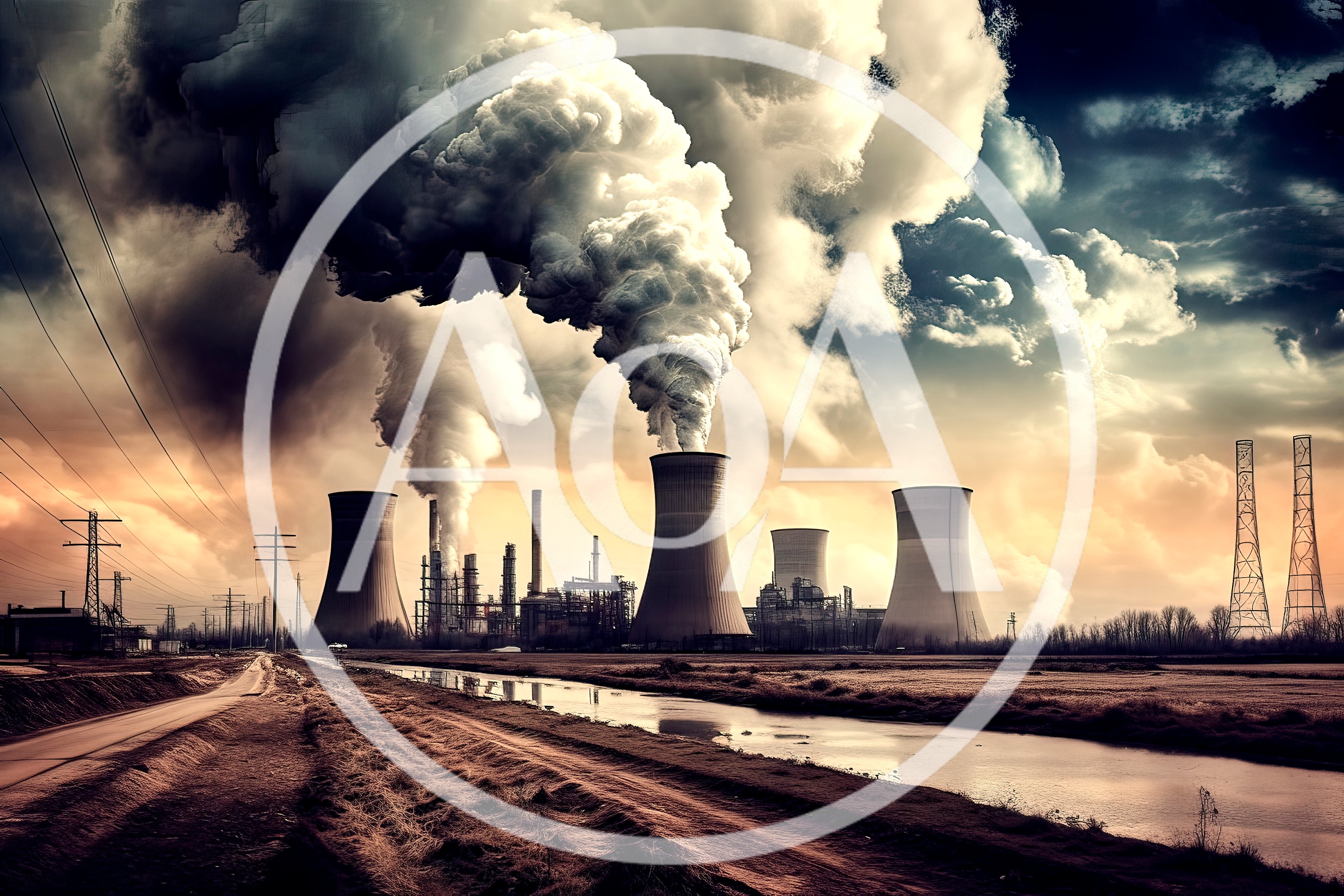 Industrial Power Plant With Cooling Towers And Smoke