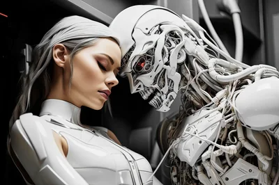 Futuristic Humanoid Woman And Cyborg Robot Intimate Connection
