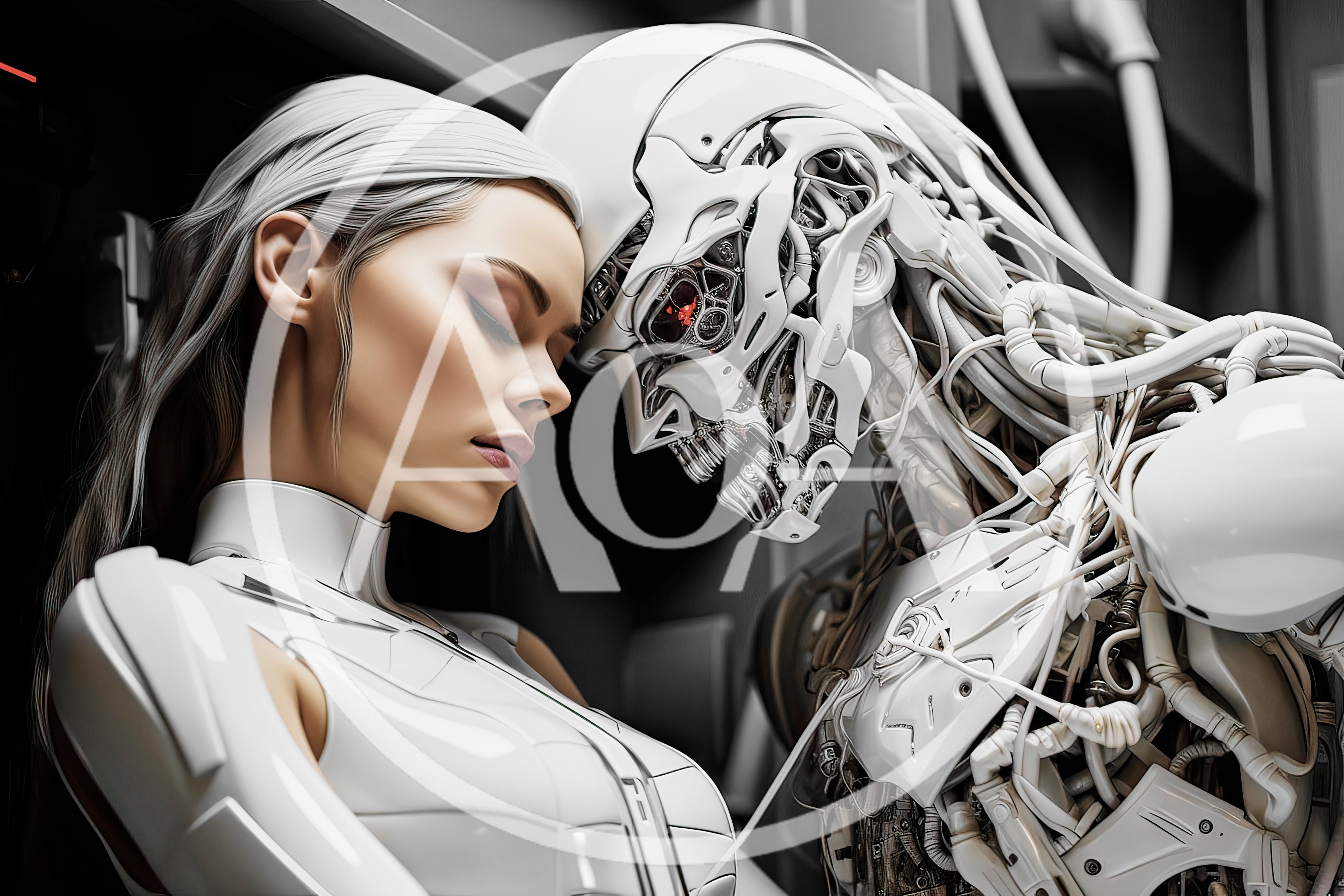 Futuristic Humanoid Woman And Cyborg Robot Intimate Connection
