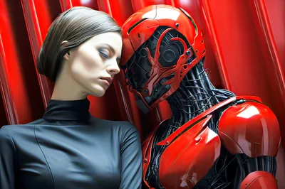 Woman Leaning Against A Futuristic Red Android Robot