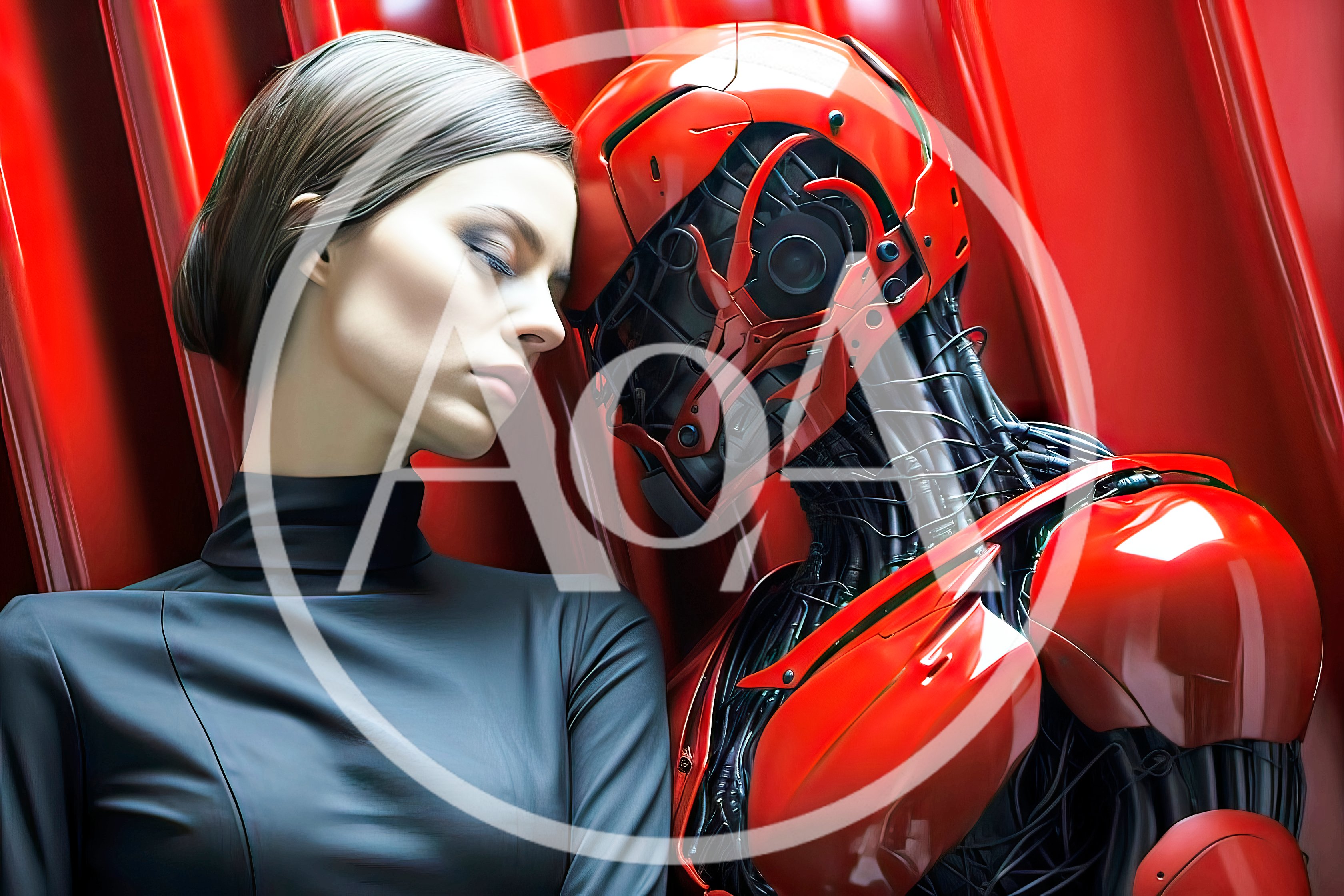 Woman Leaning Against A Futuristic Red Android Robot