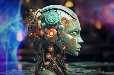 Cybernetic Android Head With Glowing Mechanical Components