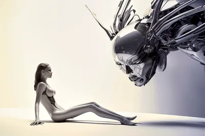 Futuristic Humanoid Woman Facing A Complex Robotic Entity