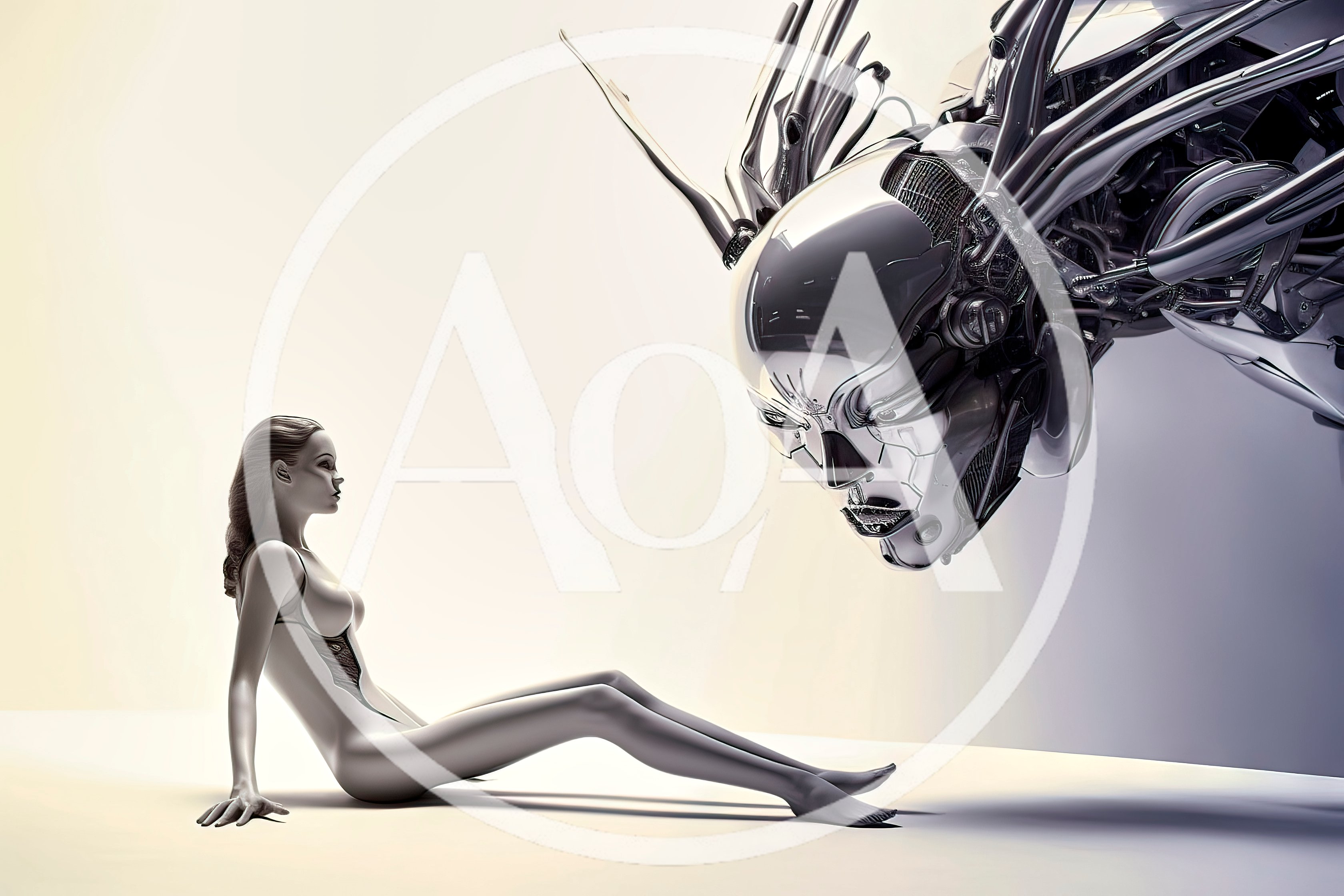 Futuristic Humanoid Woman Facing A Complex Robotic Entity
