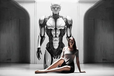 Futuristic Humanoid Robot Standing Behind A Seated Woman