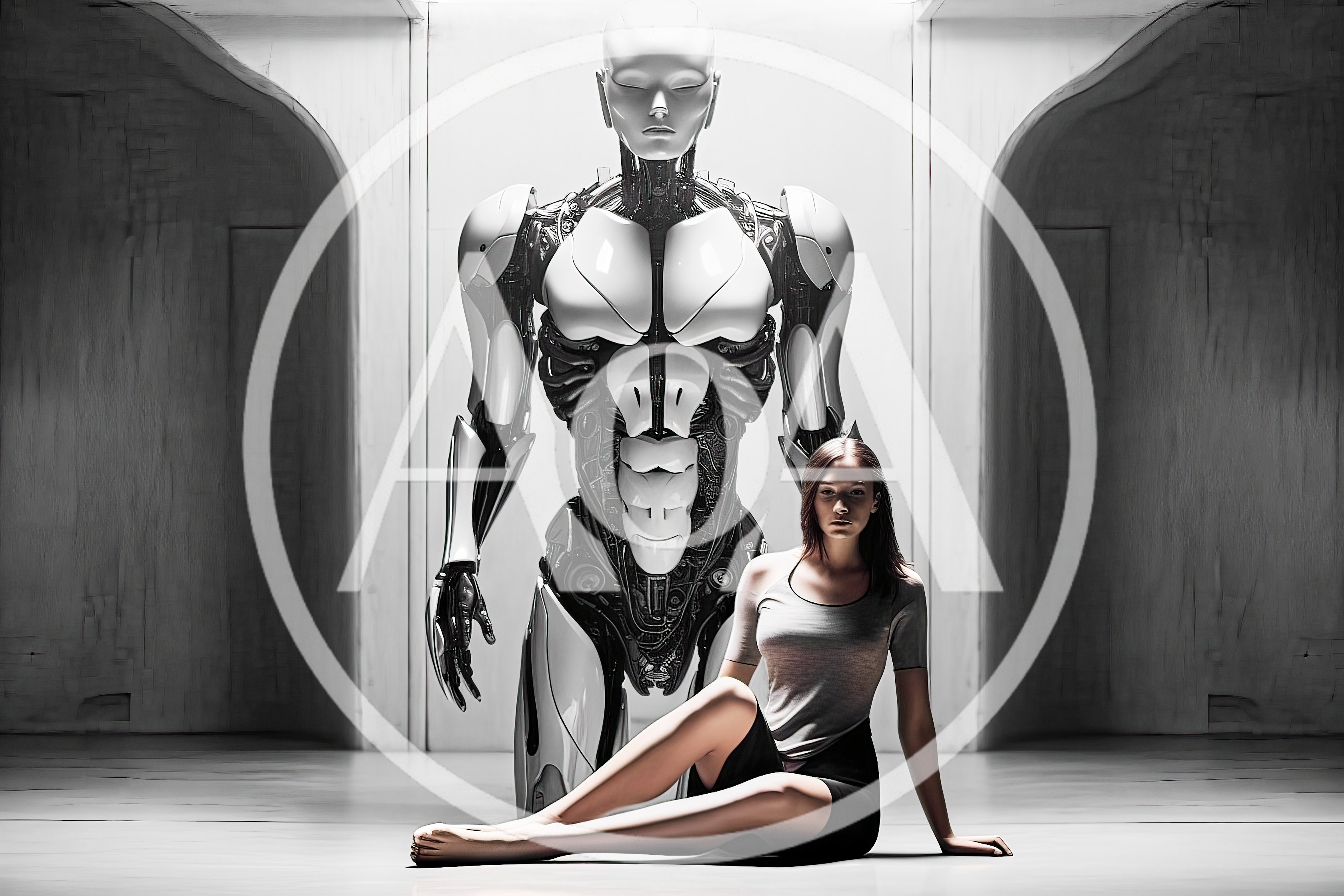 Futuristic Humanoid Robot Standing Behind A Seated Woman