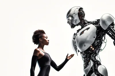 Black Woman Interacting With Futuristic Humanoid Robot