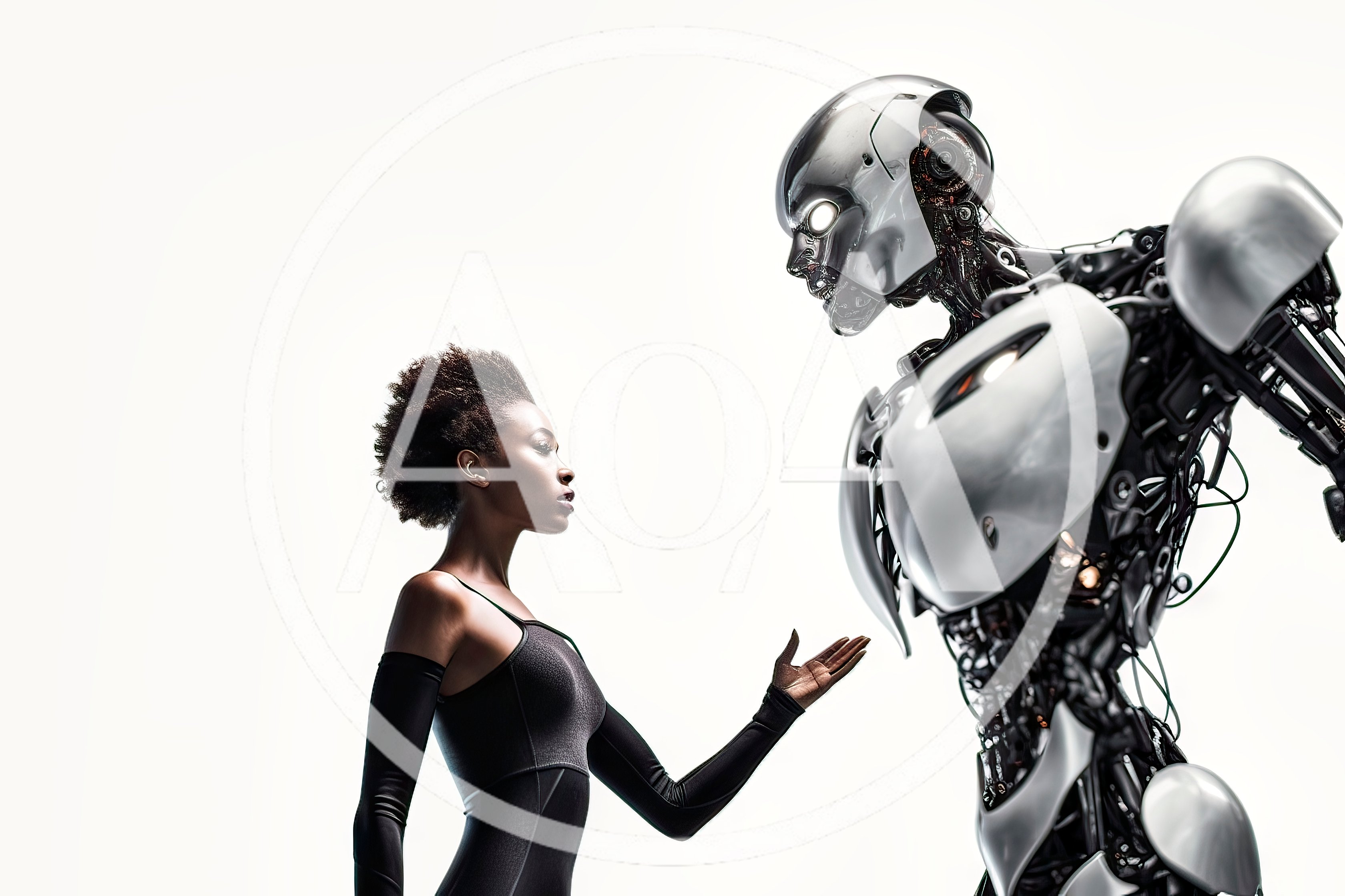 Black Woman Interacting With Futuristic Humanoid Robot