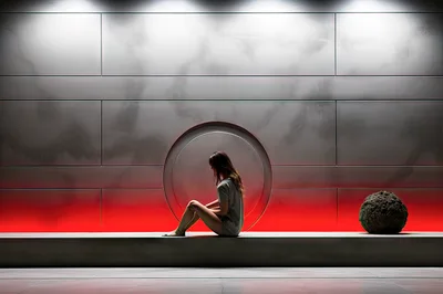 Woman Sitting Alone In A Minimalist Futuristic Room