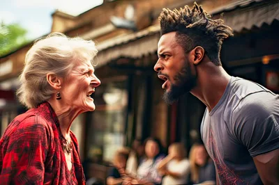 Elderly Woman And Young Man Arguing Outdoors