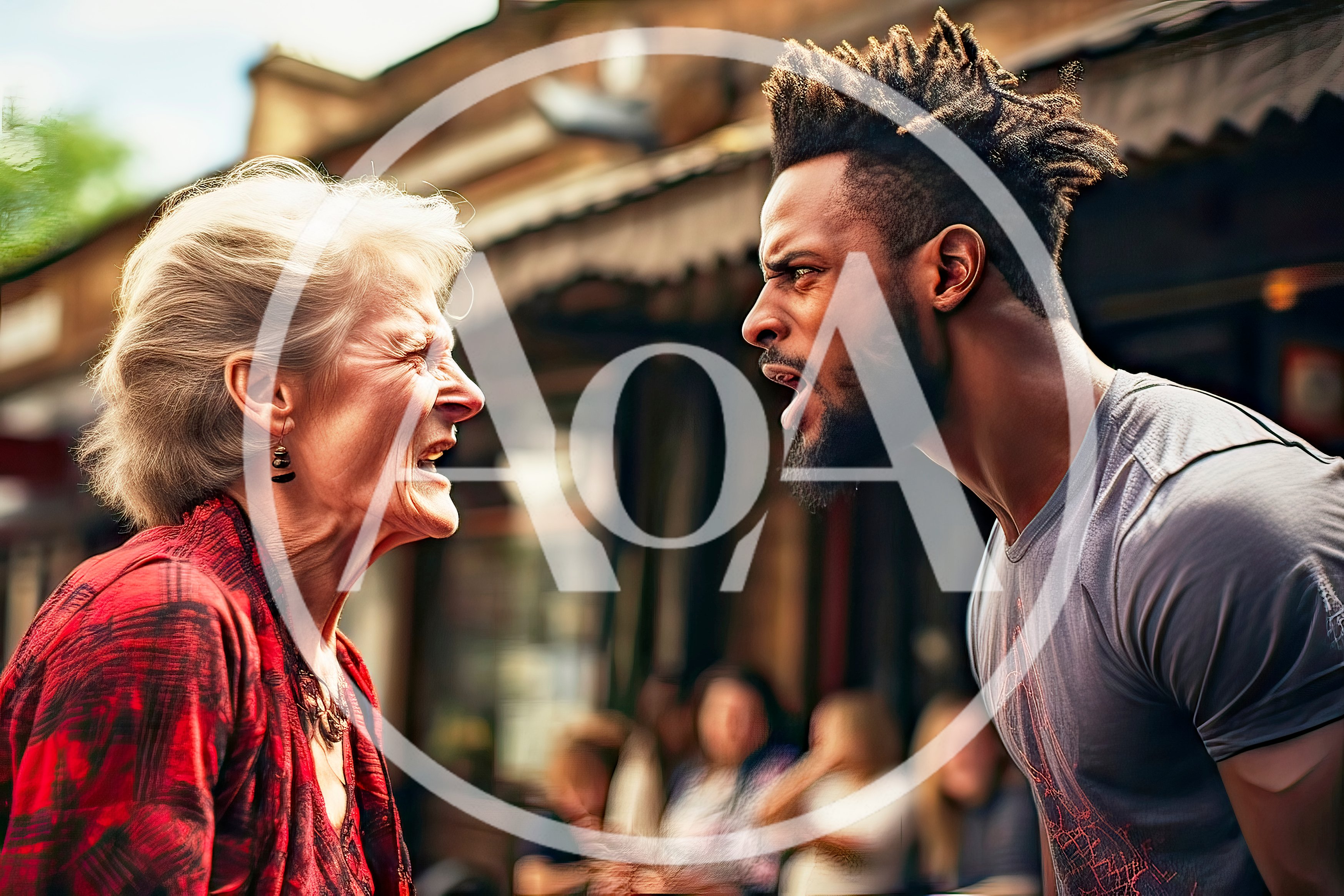 Elderly Woman And Young Man Arguing Outdoors