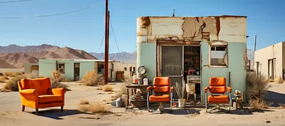 Abandoned Desert Building With Orange Chairs