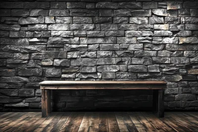 Empty Wooden Bench Against A Rustic Stone Wall