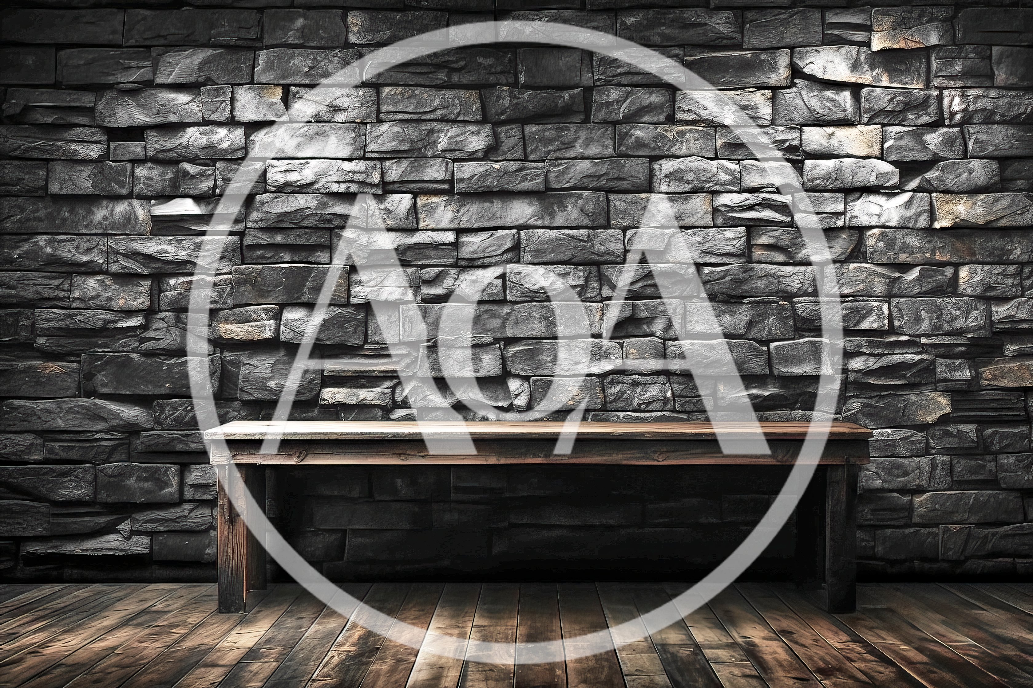 Empty Wooden Bench Against A Rustic Stone Wall