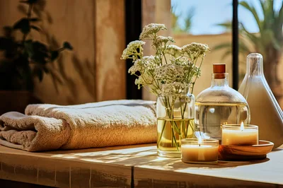 Spa Treatment Table With Flowers And Candles