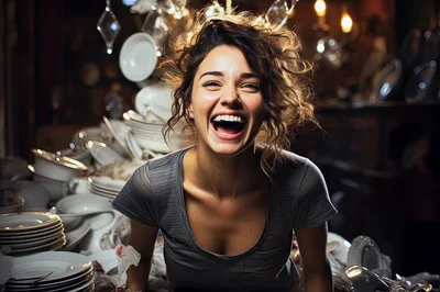 Joyful Young Woman Laughing Amidst Antique Porcelain Dishes