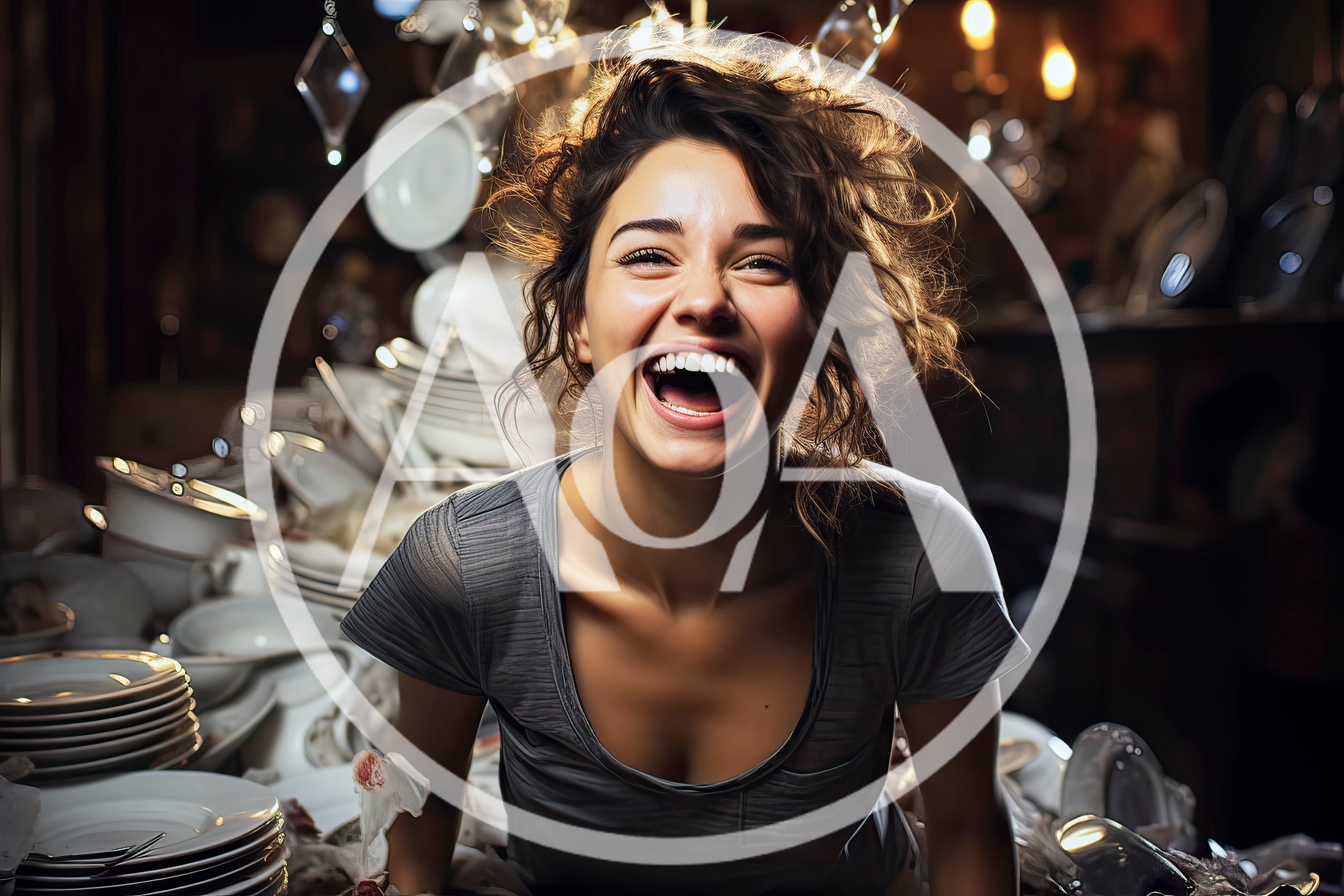 Joyful Young Woman Laughing Amidst Antique Porcelain Dishes