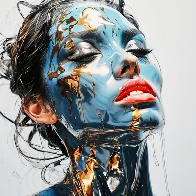 Woman Covered In Blue Paint And Gold Liquid